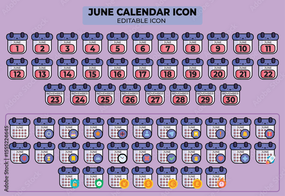Poster june calendar icons with editable options for planning and scheduling events, reminders, and organiz