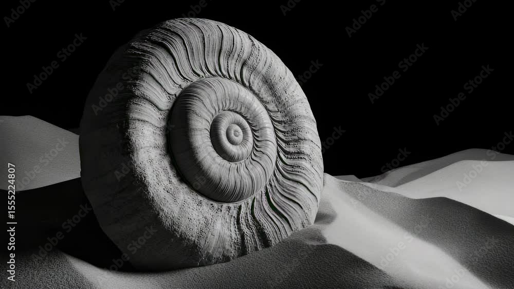 Aufkleber monochrome image of a fossilized ammonite shell on a sandy surface with dramatic lighting