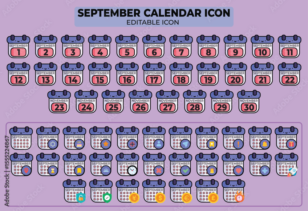 Poster editable september calendar icon set with various events and dates for organizing and planning