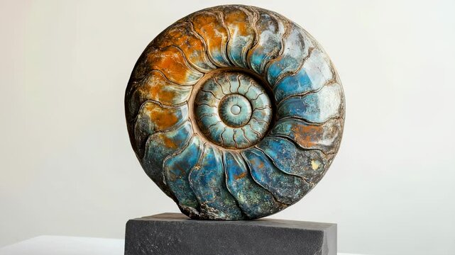 Close-up of a colorful ammonite fossil on a dark stone base, showcasing its spiral structure and iridescent colors in a well-lit studio setting.