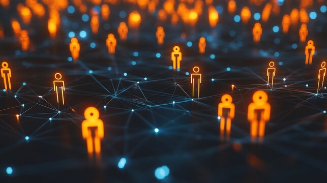 Network of interconnected people, glowing orange and teal, on a dark background.  Complex digital connections