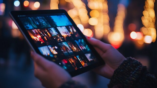 Hands holding tablet displaying photo gallery at night