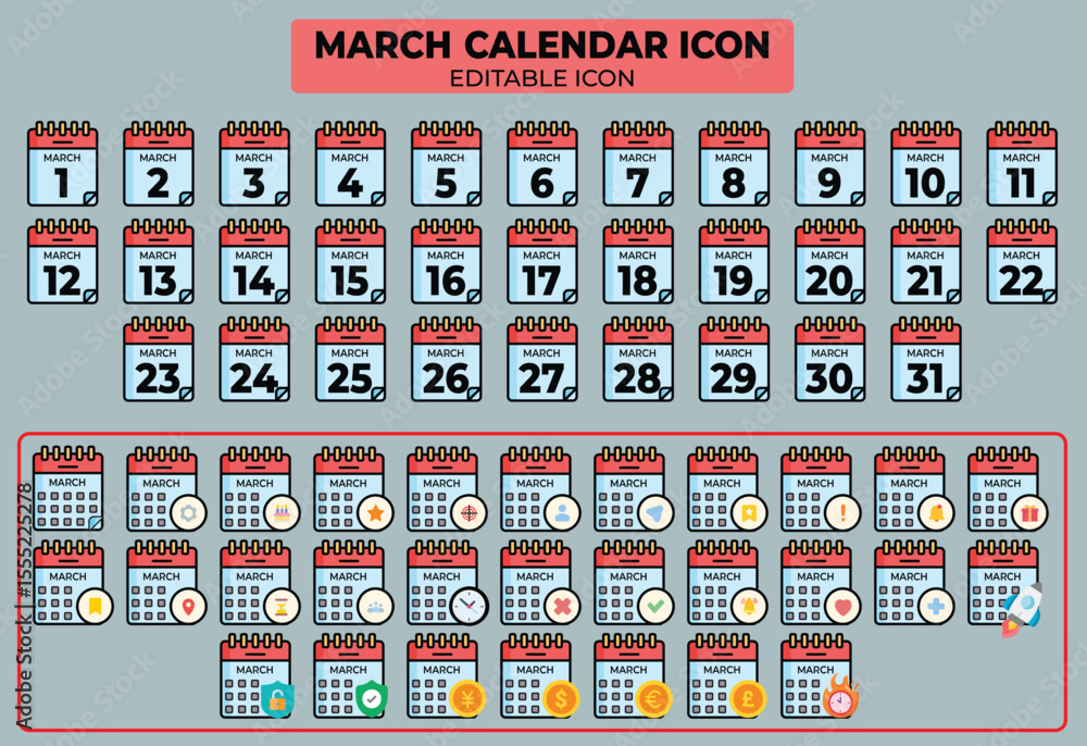 Poster editable march calendar icon set with days and symbols for planning and scheduling