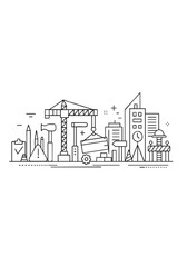 Naklejka premium Urban Construction Line Art with Cranes, Buildings, Tools and City Infrastructure for Engineering, Development or Architectural Planning Themes