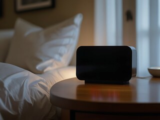 A modern digital alarm clock sits on a wooden bedside table beside a neatly made bed with white pillows in a softly lit bedroom.