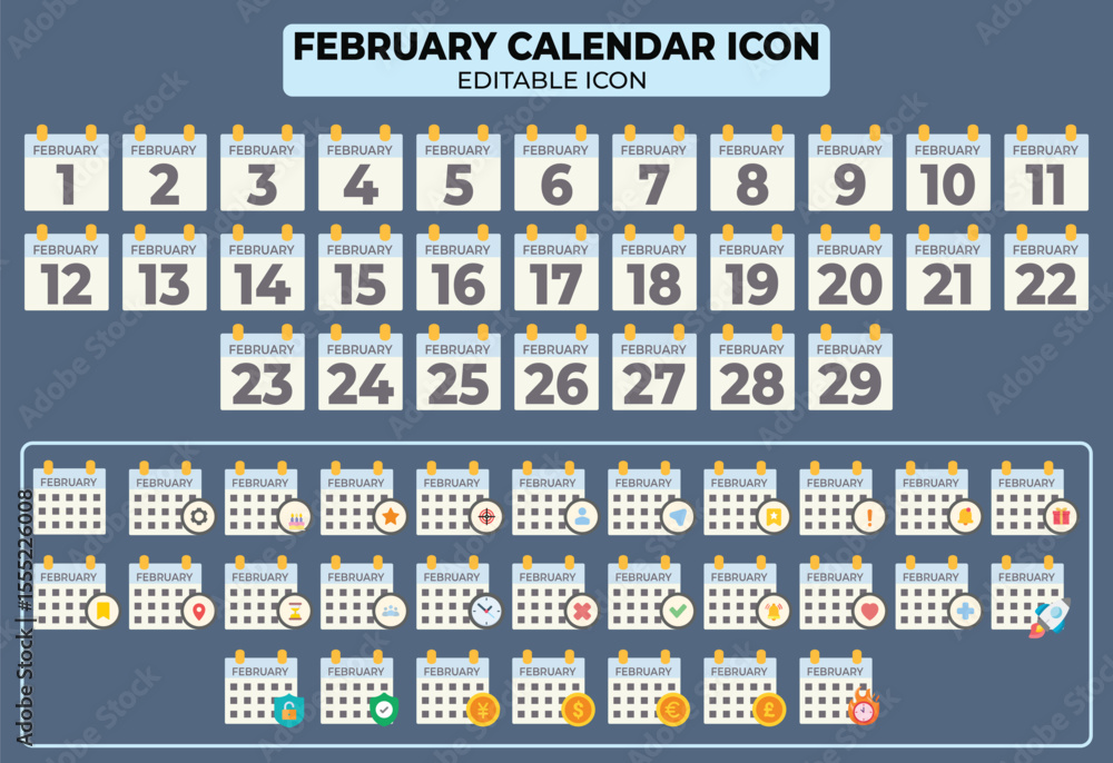 Poster february calendar editable icons set for all days of the month, suitable for planning and scheduling
