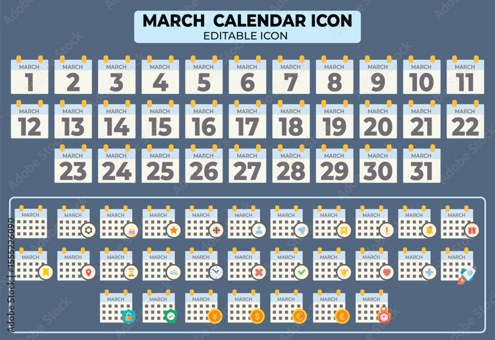 Aufkleber march calendar icon set: editable vector icons for scheduling and planning events