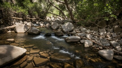 Stream flows gently between rocks under shady trees
