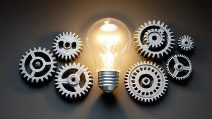 Illuminated bulb among interconnected gears, symbolizing innovation and mechanism