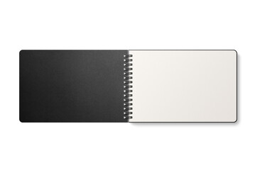 Spiral bound notebook mockup template with black paper cover isolated on a transparent background, PNG. High resolution.