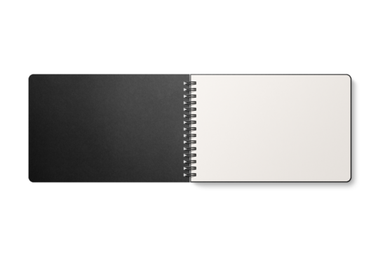 Spiral bound notebook mockup template with black paper cover isolated on a transparent background, PNG. High resolution.