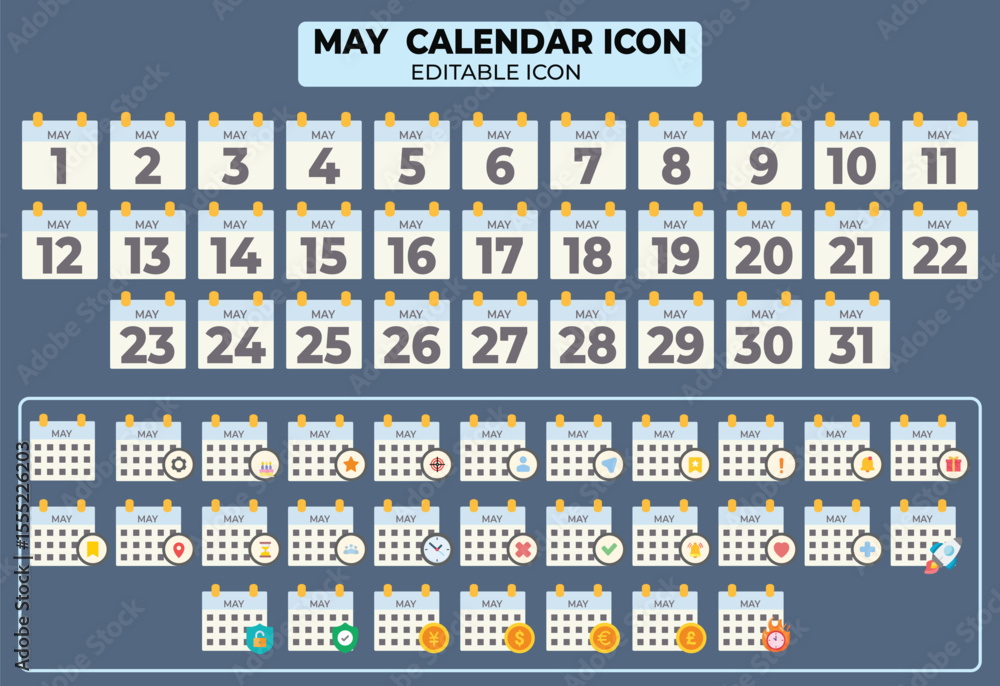 Poster editable may calendar icon set for website or mobile app design, featuring dates and various symbols