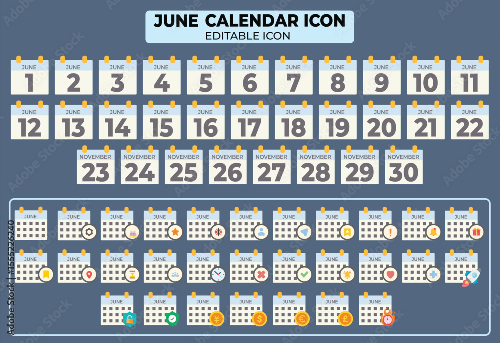 Aufkleber vector editable june calendar icon set with dates and symbols for business and personal planning