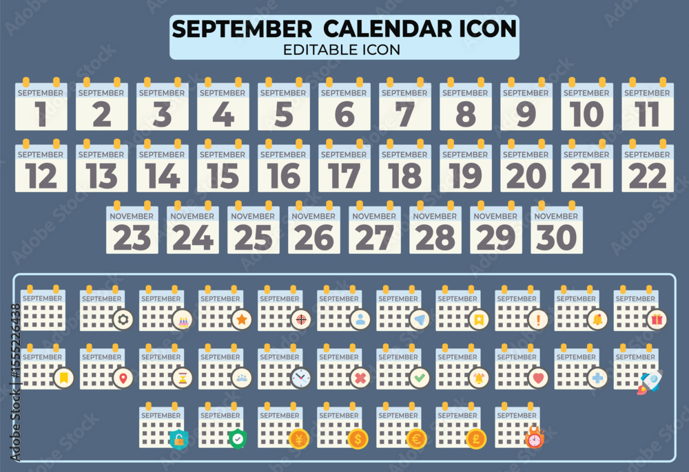 Poster september calendar editable icon set with all dates and various symbols overlay