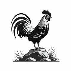 Rooster Standing On Rocks logo design illustration isolated on white background.