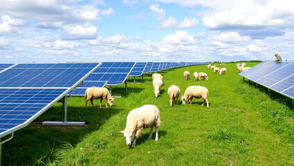 solar panels with sheep grazing around them, green energy