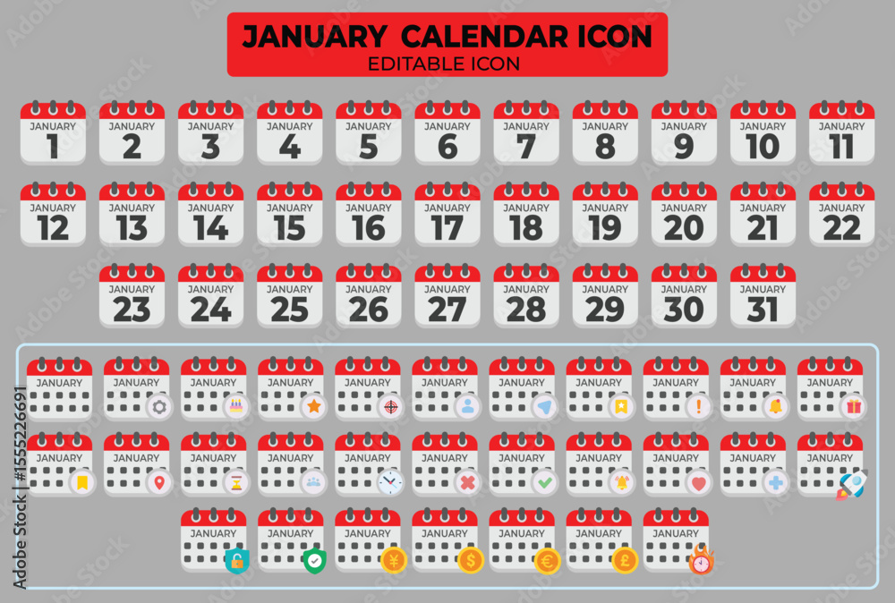 Poster january calendar icon set: collection of editable graphic elements for various applications