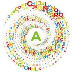 Abstract vector illustration of randomly scattered colorful English lettes ABC alphabet in shape of spiral vortex, dynamic composition with symbols, isolated on white background © Slanapotam