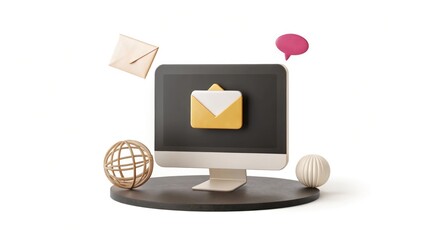Computer Monitor with Envelope Icon Surrounded by Communication Symbols Representing Digital Messaging and Connectivity
