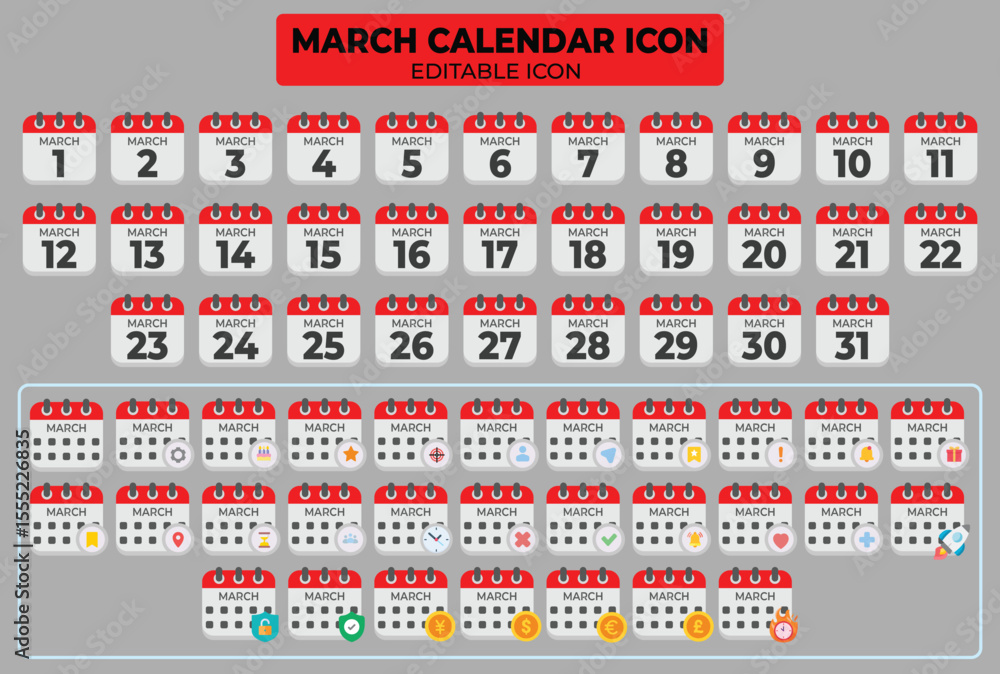 Poster march calendar icons set: a comprehensive collection for scheduling and planning projects