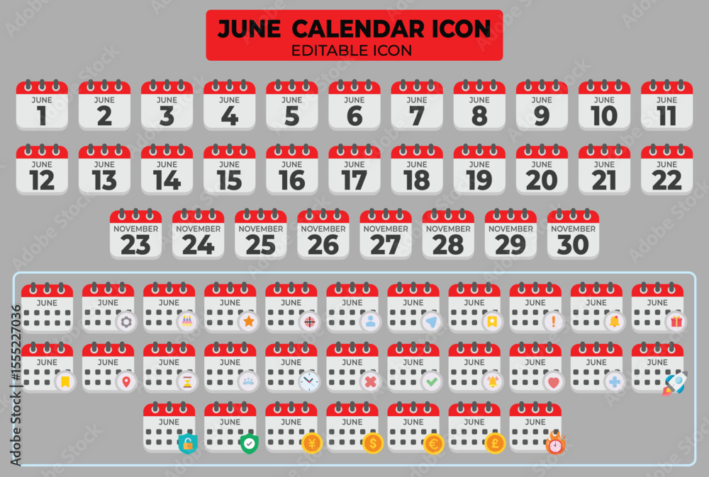 Poster comprehensive june calendar icon set for planning and scheduling with customizable details