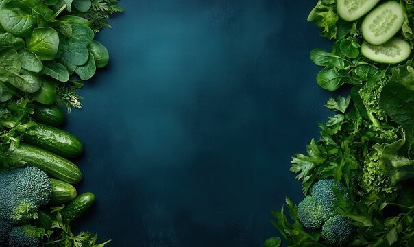 Fresh green vegetables and fruits arranged on a dark blue background promoting vegan nutrition and healthy eating habits