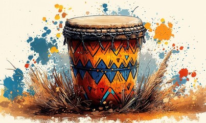 Traditional drum with vibrant tribal designs surrounded by artistic splashes and dry grass in a natural setting