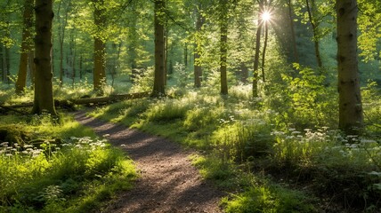 Obraz premium Sunlit path through a vibrant green forest landscape