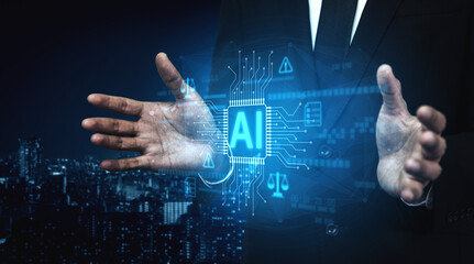 AI circuit microchip with glowing blue lines, surrounded by legal scales, warning symbols, data...
