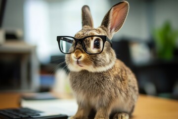 Adorable rabbit wearing stylish glasses is sitting on a desk in a modern office, looking smart and professional