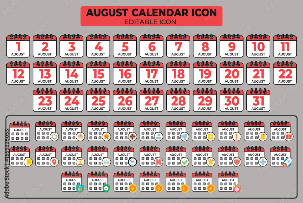 Poster august calendar icons collection: editable and customizable for event and schedule management