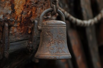 Fototapeta premium Close up of an old, rusty ship's bell hanging from a weathered chain against a blurred background