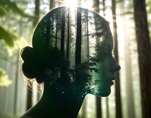 Transparent silhouette of a woman's head with the thought of a landscape
