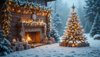 Obraz premium Cozy Cabin Christmas Tree with Fireplace and Snow – Festive Winter Scene