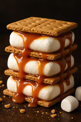 A mouthwatering tall stack of caramel s'mores featuring soft marshmallows and crisp graham crackers, a delightful way to celebrate national graham cracker day