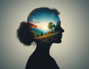 Transparent silhouette of a woman's head with the thought of a landscape