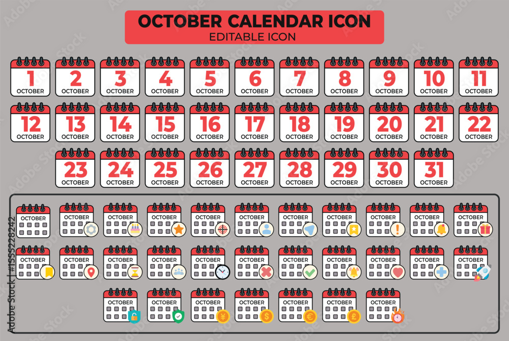 Poster october calendar icon set with editable design elements perfect for scheduling