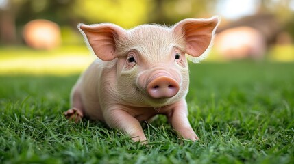 Fototapeta premium Pink piglet in grassy field