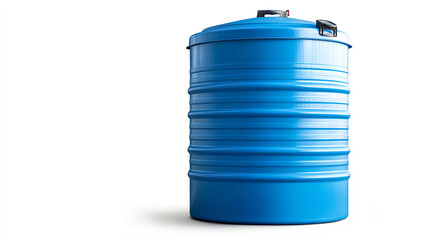 Blue plastic water storage tank with volume markings, outdoor equipment, isolated on white background