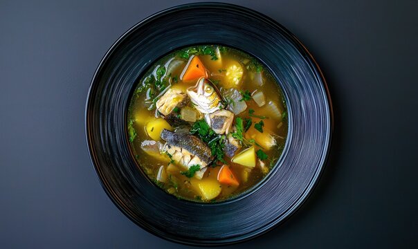 Hearty fish soup uha with vegetables served in a dark blue bowl, perfect for warming winter meals