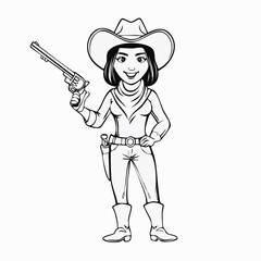 Cowgirl with a gun stock illustration. Cowgirl standing smiling and holding gun Vector Image