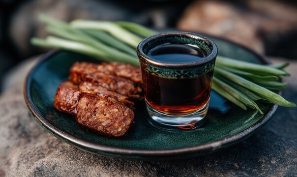 Bold Kyrgyz fermented spirit served with chuchuk sausage and green onions on a deep green plate in a rustic setting