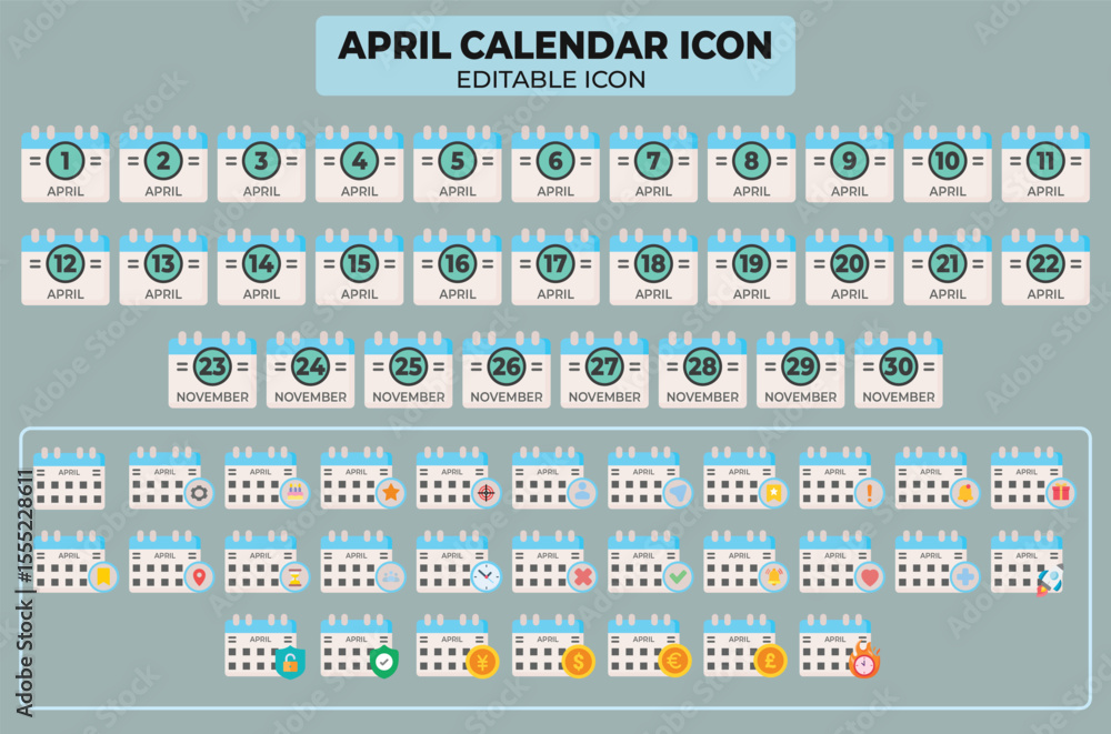 Poster set of april calendar icons representing each day of the month with editable design for scheduling a