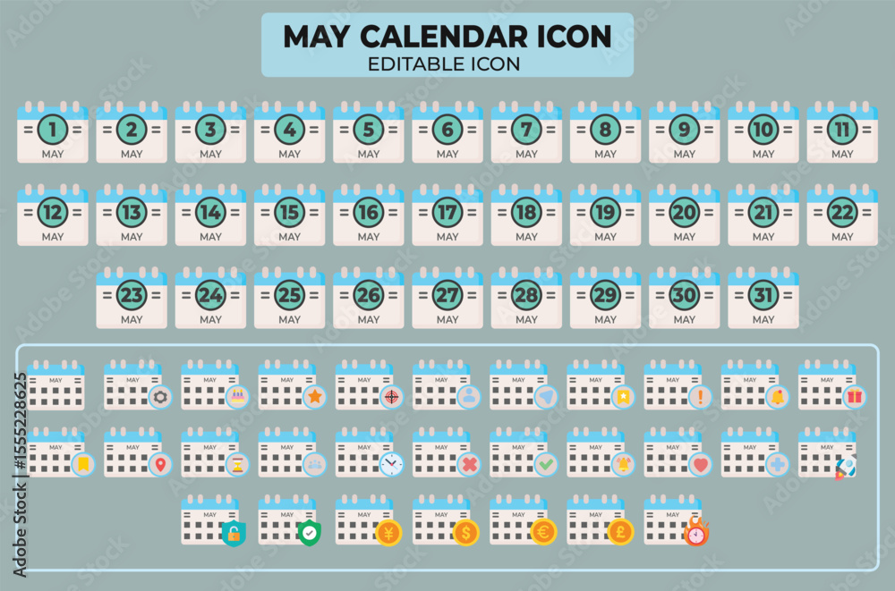 Poster may calendar icon set with editable vector design for planning and scheduling