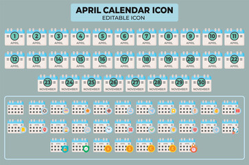 Set of April calendar icons representing each day of the month with editable design for scheduling and reminders