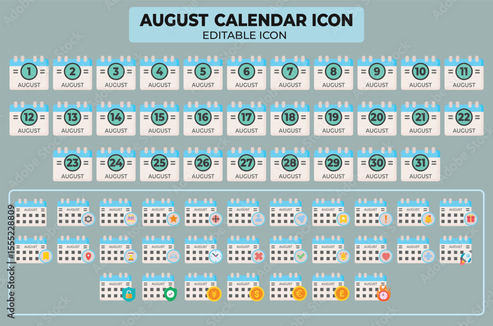 Aufkleber august calendar icon set with editable design elements and day numbers for planning