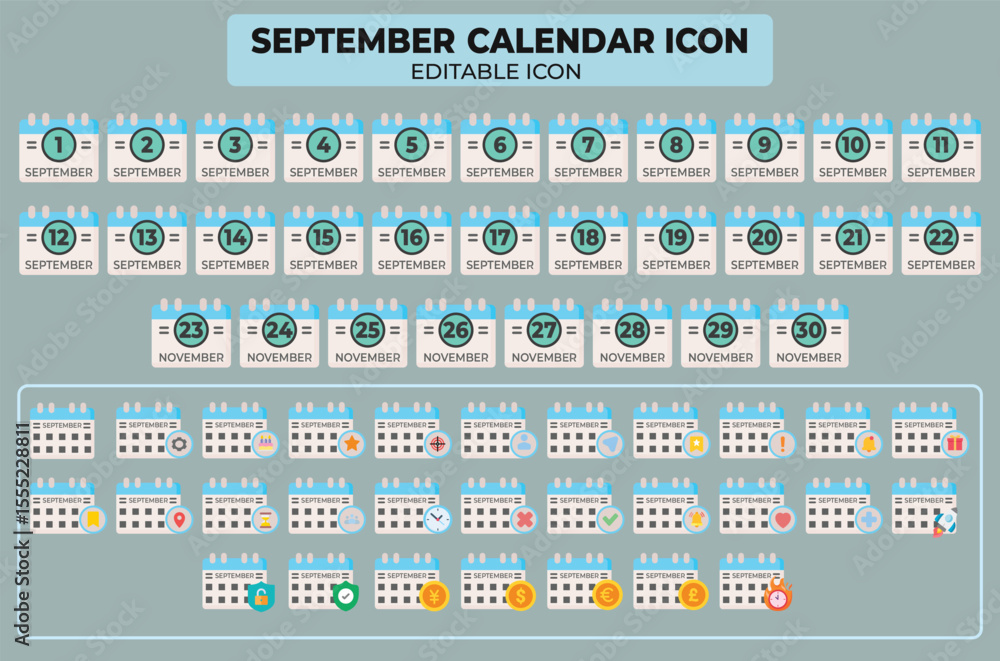 Poster september calendar icon set, a versatile collection for digital design and scheduling applications