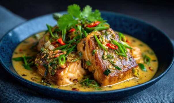 Delightful earthy papeda with ikan kuah kuning served beautifully on a cobalt plate