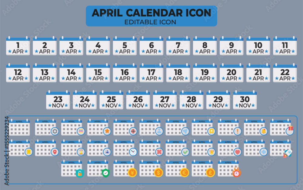 Aufkleber april calendar icons with editable options for planning and scheduling events