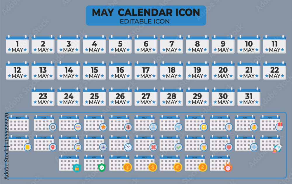Poster may calendar icon vector set with editable options and various symbols for each date